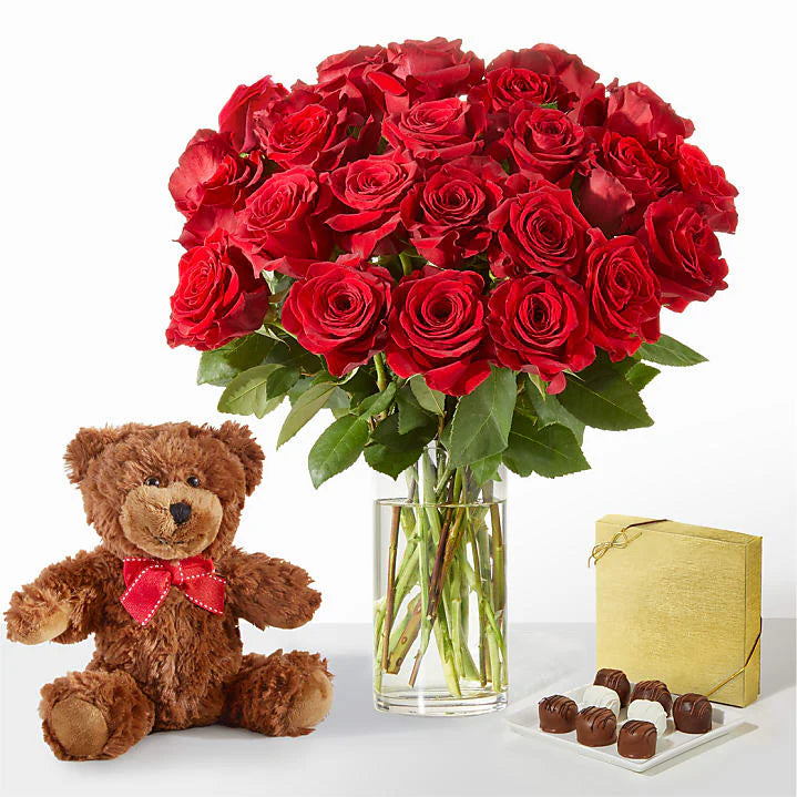 Fresh Red Rose Bouquet 12 long stem roses with a plush bear and a small box of gourmet chocolates.