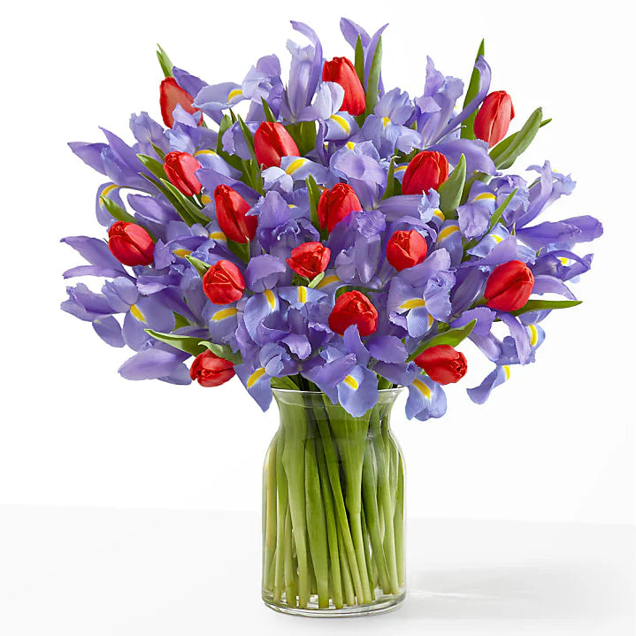 Fresh Iris and red Tulip bouquet 